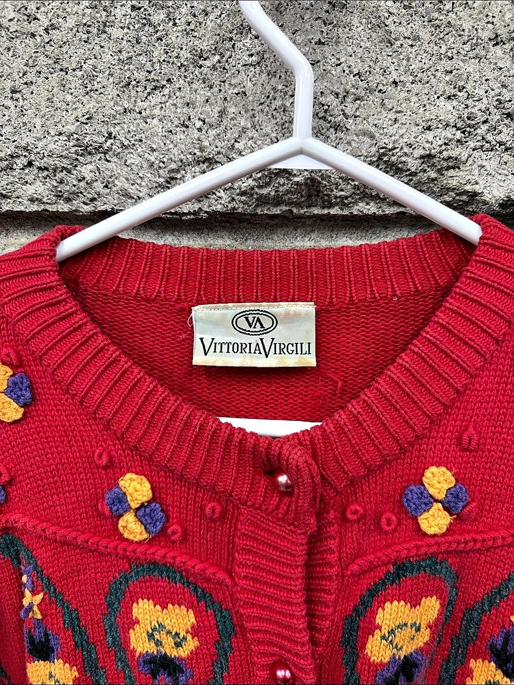 Vintage Vittoria Virgili Red Embroidered Paisley Cable Knit Cardigan P2P 21” - Picture 3 of 5